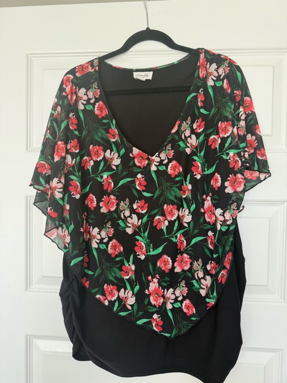 Simplicity Black Floral V-Neck Layered Blouse with Red and Pink Blooms